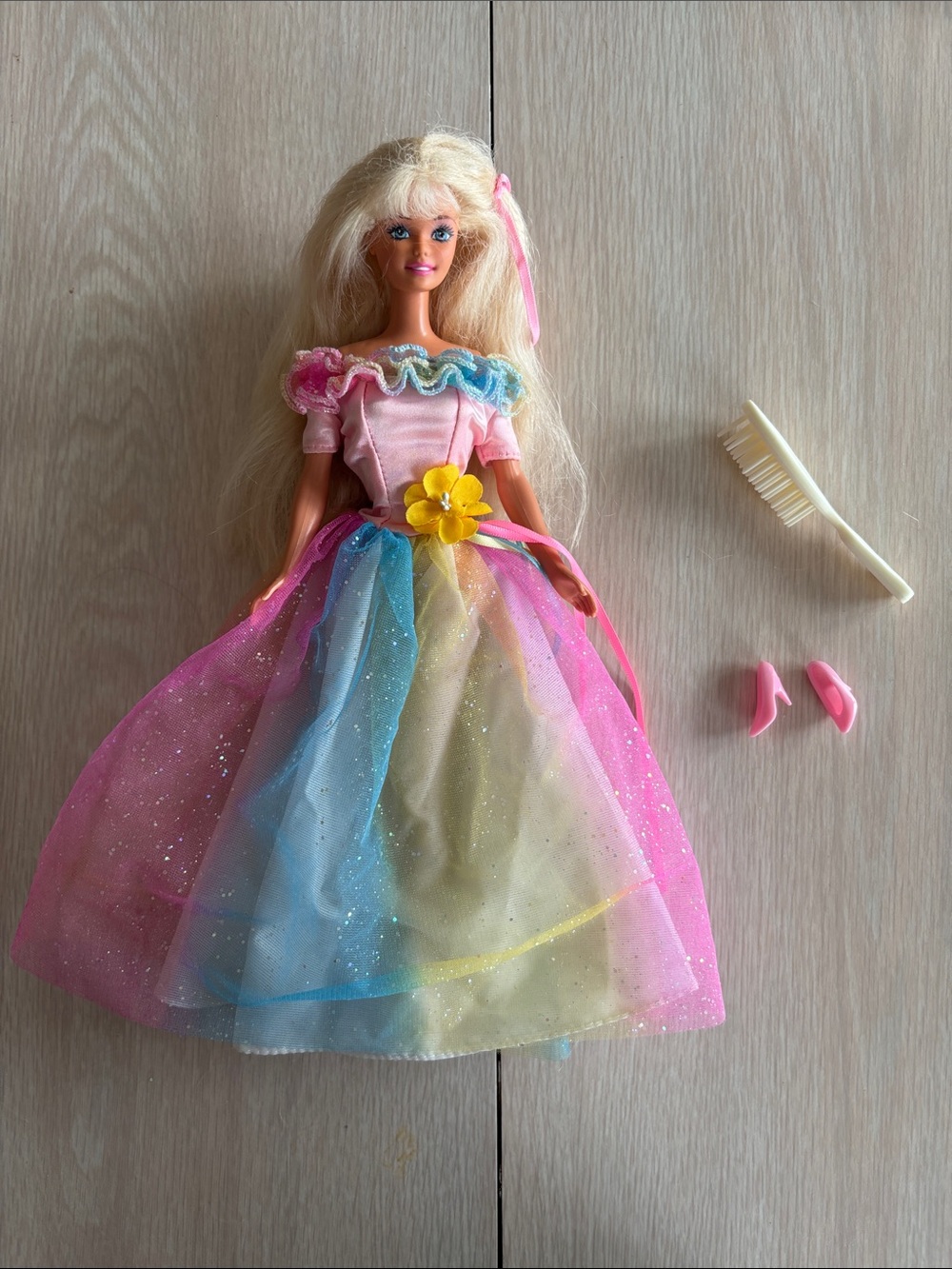 1997Birthday Barbie with Pink Rainbow Tulle Dress Doll with Flower Accent